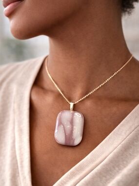 Gold-Tone Necklace with Blush Pink and Cream Swirl Glass Pendant